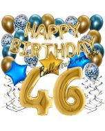 Dekorations-Set mit Ballons zum 46. Geburtstag. Geburtstag, Happy Birthday Chrome Blue & Gold, 34 Teile