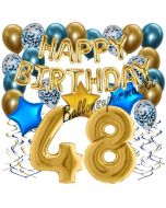 Dekorations-Set mit Ballons zum 48. Geburtstag. Geburtstag, Happy Birthday Chrome Blue & Gold, 34 Teile
