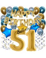 Dekorations-Set mit Ballons zum 51. Geburtstag. Geburtstag, Happy Birthday Chrome Blue & Gold, 34 Teile