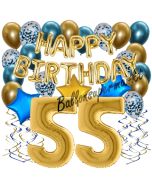 Dekorations-Set mit Ballons zum 55. Geburtstag. Geburtstag, Happy Birthday Chrome Blue & Gold, 34 Teile