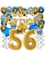 Dekorations-Set mit Ballons zum 56. Geburtstag. Geburtstag, Happy Birthday Chrome Blue & Gold, 34 Teile