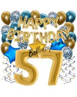Dekorations-Set mit Ballons zum 57. Geburtstag. Geburtstag, Happy Birthday Chrome Blue & Gold, 34 Teile