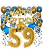 Dekorations-Set mit Ballons zum 59. Geburtstag. Geburtstag, Happy Birthday Chrome Blue & Gold, 34 Teile