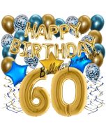 Dekorations-Set mit Ballons zum 60. Geburtstag, Happy Birthday Chrome Blue & Gold, 34 Teile
