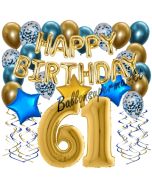 Dekorations-Set mit Ballons zum 61. Geburtstag. Geburtstag, Happy Birthday Chrome Blue & Gold, 34 Teile