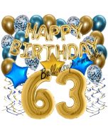 Dekorations-Set mit Ballons zum 63. Geburtstag. Geburtstag, Happy Birthday Chrome Blue & Gold, 34 Teile