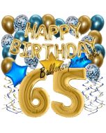 Dekorations-Set mit Ballons zum 65. Geburtstag, Happy Birthday Chrome Blue & Gold, 34 Teile