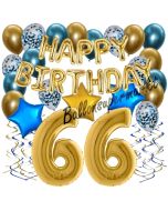 Dekorations-Set mit Ballons zum 66. Geburtstag, Happy Birthday Chrome Blue & Gold, 34 Teile