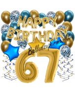 Dekorations-Set mit Ballons zum 67. Geburtstag, Happy Birthday Chrome Blue & Gold, 34 Teile