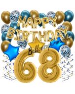 Dekorations-Set mit Ballons zum 68. Geburtstag, Happy Birthday Chrome Blue & Gold, 34 Teile