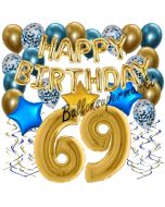 Dekorations-Set mit Ballons zum 69. Geburtstag, Happy Birthday Chrome Blue & Gold, 34 Teile