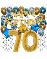 Dekorations-Set mit Ballons zum 70. Geburtstag, Happy Birthday Chrome Blue & Gold, 34 Teile