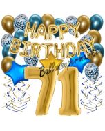Dekorations-Set mit Ballons zum 71. Geburtstag, Happy Birthday Chrome Blue & Gold, 34 Teile