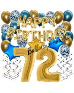 Dekorations-Set mit Ballons zum 72. Geburtstag, Happy Birthday Chrome Blue & Gold, 34 Teile