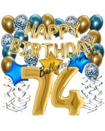 Dekorations-Set mit Ballons zum 74. Geburtstag, Happy Birthday Chrome Blue & Gold, 34 Teile