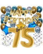 Dekorations-Set mit Ballons zum 75. Geburtstag, Happy Birthday Chrome Blue & Gold, 34 Teile