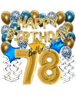 Dekorations-Set mit Ballons zum 78. Geburtstag, Happy Birthday Chrome Blue & Gold, 34 Teile