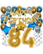 Dekorations-Set mit Ballons zum 84. Geburtstag, Happy Birthday Chrome Blue & Gold, 34 Teile