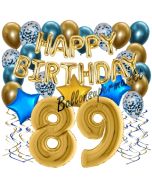 Dekorations-Set mit Ballons zum 89. Geburtstag, Happy Birthday Chrome Blue & Gold, 34 Teile