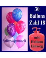 Geburtstagsdekoration: 0 Zahlenballons, Zahl 18 zum 18, Geburtstag mit dem Helium-Einwegbehälter