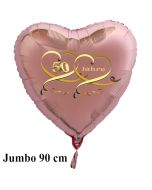 90 cm großer Jumbo Herzballon aus Folie, 50 Jahre Roségold, mit Ballongas Helium, Dekoration Goldene Hochzeit