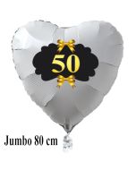 Großer Herzballon aus Folie, 50, weiß, mit Ballongas Helium, Dekoration Goldene Hochzeit