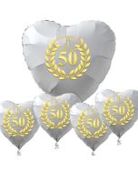 Bouquet zur goldenen Hochzeit, 1 großer Herzballon in Weiß und 4 kleine Herzballons in Weiß mit goldenen Kränzen und Herzen inklusive Helium Ballongas