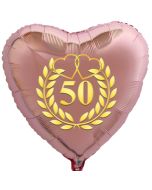 Herzballon aus Folie, 50 mit goldenem Kranz und goldenen Herzen, roségold, mit Ballongas Helium, Dekoration Goldene Hochzeit