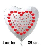 Großer Herzluftballon in Weiß "Du bist mein Glück!" zum Valentinstag mit roten Herzen und Glücksklee