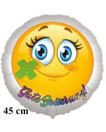 Gute Besserung, Smiley mit Pflaster, runder Luftballon, satinweiß, 45 cm, ohne Helium
