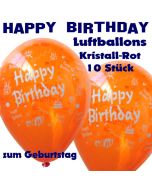 Happy Birthday Motiv Luftballons, Latexballons zum Geburtstag, 10 Stück, Kristall-Rot