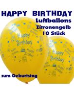 Happy Birthday Motiv Luftballons, Latexballons zum Geburtstag, 10 Stück, Zitronengelb