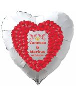 Luftballon zur Hochzeit, Herzballon aus Folie inklusive Helium mit den Namen von Braut und Bräutigam und Datum des Hochzeitstages, weiß mit Herz aus roten Rosenblättern
