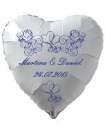 Luftballon zur Hochzeit, Herzballon aus Folie inklusive Helium mit den Namen von Braut und Bräutigam und Datum des Hochzeitstages, weiß mit blauen Ornamenten
