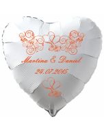 Luftballon zur Hochzeit, Herzballon aus Folie inklusive Helium mit den Namen von Braut und Bräutigam und Datum des Hochzeitstages, weiß mit roten Ornamenten
