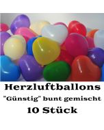 Herzluftballons bunt gemischt, 10 Stück, günstige, preiswerte und billige Luftballons in Herzform, Herzballons aus Latex