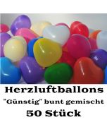 Herzluftballons bunt gemischt, 50 Stück, günstige, preiswerte und billige Luftballons in Herzform, Herzballons aus Latex