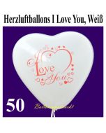 Herzluftballons I Love You, Weiß, 30 cm, 50 Stück