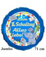 Hurra Schule! Zum 1. Schultag Alles Liebe! 70 cm grosser, blauer Luftballon mit Ballongas Helium gefüllt zur Einschulung, zum Schulanfang