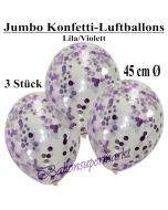 Jumbo Konfetti-Luftballons 45 cm, Transparent mit fliederfarbenem und violettem Konfetti gefüllt, 3 Stück