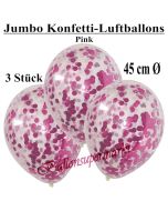 Jumbo Konfetti-Luftballons 45 cm, Transparent mit pinkfarbenem Konfetti gefüllt, 3 Stück