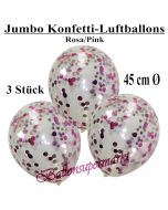 Jumbo Konfetti-Luftballons 45 cm, Transparent mit rosafarbenem und pinkfarbenem Konfetti gefüllt, 3 Stück