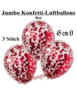 Jumbo Konfetti-Luftballons 45 cm, Transparent mit rotem Konfetti gefüllt, 3 Stück