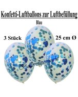 Konfetti-Luftballons 25 cm, Kristall, Transparent mit blauem Konfetti gefüllt, 3 Stück