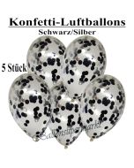 Konfetti-Luftballons 30 cm, Kristall, Transparent mit schwarzem und silbernem Konfetti gefüllt, 5 Stück