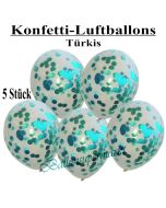 Konfetti-Luftballons 30 cm, Kristall, Transparent mit türkisenem Konfetti gefüllt, 5 Stück