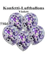Konfetti-Luftballons 30 cm, Kristall, Transparent mit violettem Konfetti gefüllt, 5 Stück