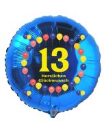zum 13. Geburtstag, blauer Luftballon aus Folie mit der Zahl 13, Rundballon mit Helium Ballongas