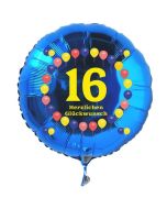 Luftballon aus Folie zum 16. Geburtstag, blauer Rundballon, Balloons, Herzlichen Glückwunsch, inklusive Ballongas