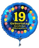 Luftballon aus Folie zum 19. Geburtstag, blauer Rundballon, Balloons, Herzlichen Glückwunsch, inklusive Ballongas